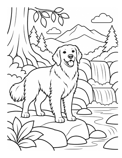 Golden Retriever monochrome coloring page for Level 1 · Easy